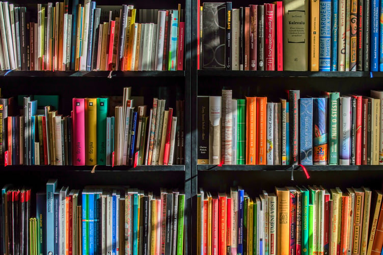 Books in a library.