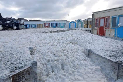 Storms engulf Bude beaches with sea foam