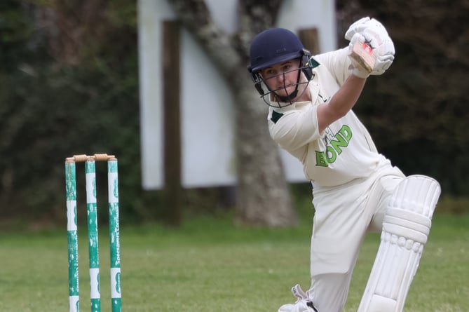 Callington's Blake Tancock aims a drive into the off-side during Saturday's Division Two East clash with St Minver at Moores Park. Picture: Glen Rogers