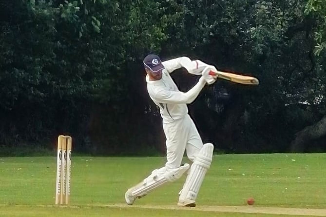 Gunnislake's hard-hitting all-rounder James Boundy aims a shot down the ground during his rapid knock of 54 against Roche Thirds on Saturday. Picture: Gunnislake CC