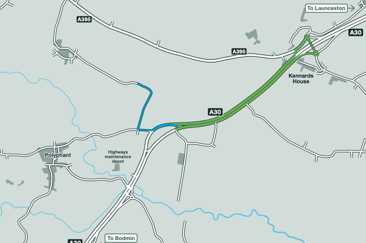 Blue line (Existing route to A30 and central reserve gap movement), Green line (Proposed new route - all vehicles)