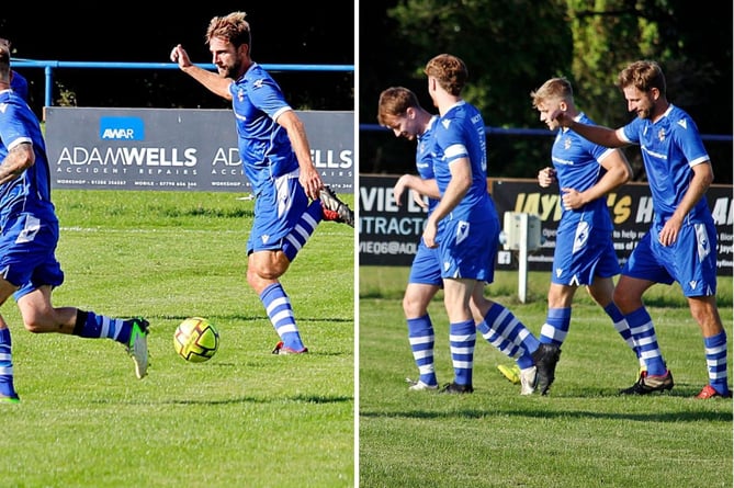 Left: Man of the match Joe Reeve drives forward, while right, the Seasiders celebrate Benj Bryant's (far left) fabulous second. Pictures: Chris Pointer