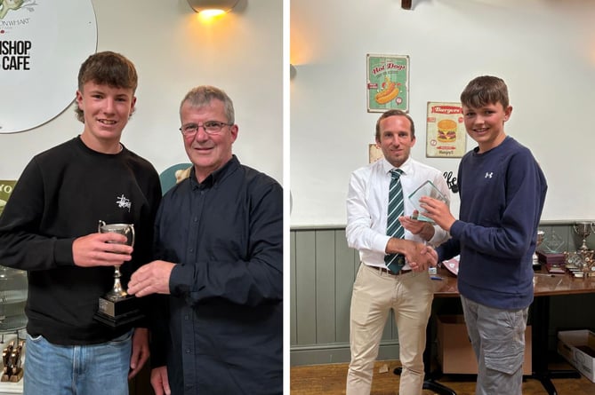 Left: Rory Piper with club president Dave Gerry, and right: Second team bowler of the year Dan Lucas with club chairman Ryan Walter. Pictures: Holsworthy CC