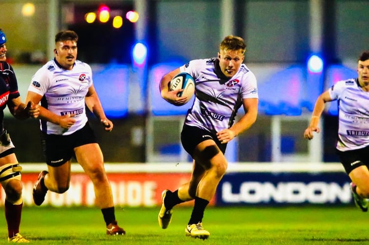 Centre Joe Elderkin makes a break at London Scottish on Friday night. Picture: Brian Tempest