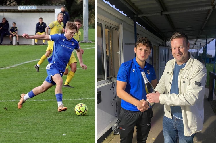 Bude Town debutant Callum Deemer (left), who scored a late equaliser, runs at the Sticker defence, while right, home man of the match Maximus Alvarez-Lopera is pictured with club official, Brad Hopgood. Pictures: Bude Town AFC