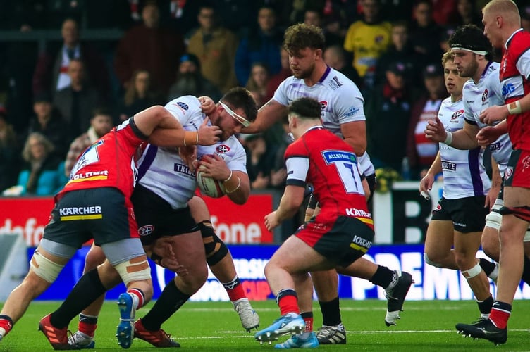 In the thick of the action, Pirates' prop James French looks to make ground. Picture: Brian Tempest