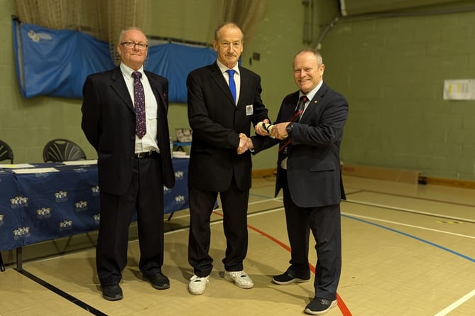 Senior Master Alec Hay receiving his promotion to 8th Dan from Grand Master Don Deedigan. Picture: BOP Tae Kwon-Do