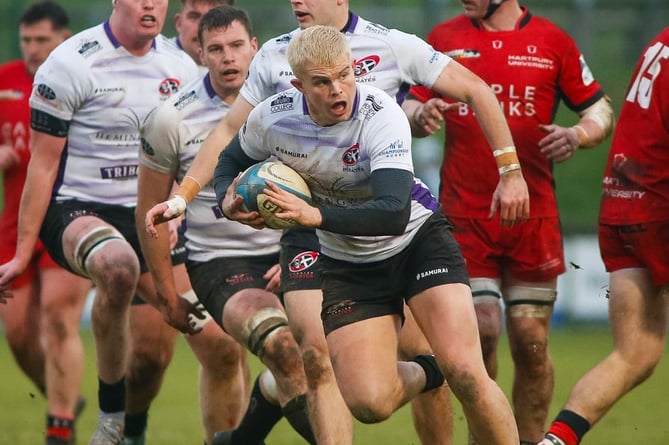 Cornish Pirates centre Charlie McCaig makes a break during his side's Championship clash at Hartpury