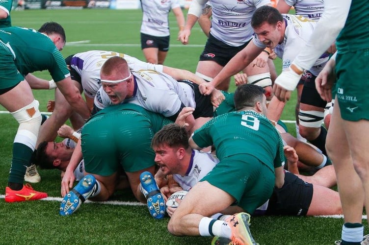 Cornish Pirates forward Harry Hocking crosses for a try during his side's Championship clash with Ealing Trailfinders