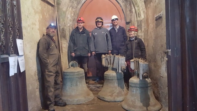 In November 2023, with the help of a great team of volunteers, the bells were brought down, and sent to Loughborough on the back of a flatbed truck